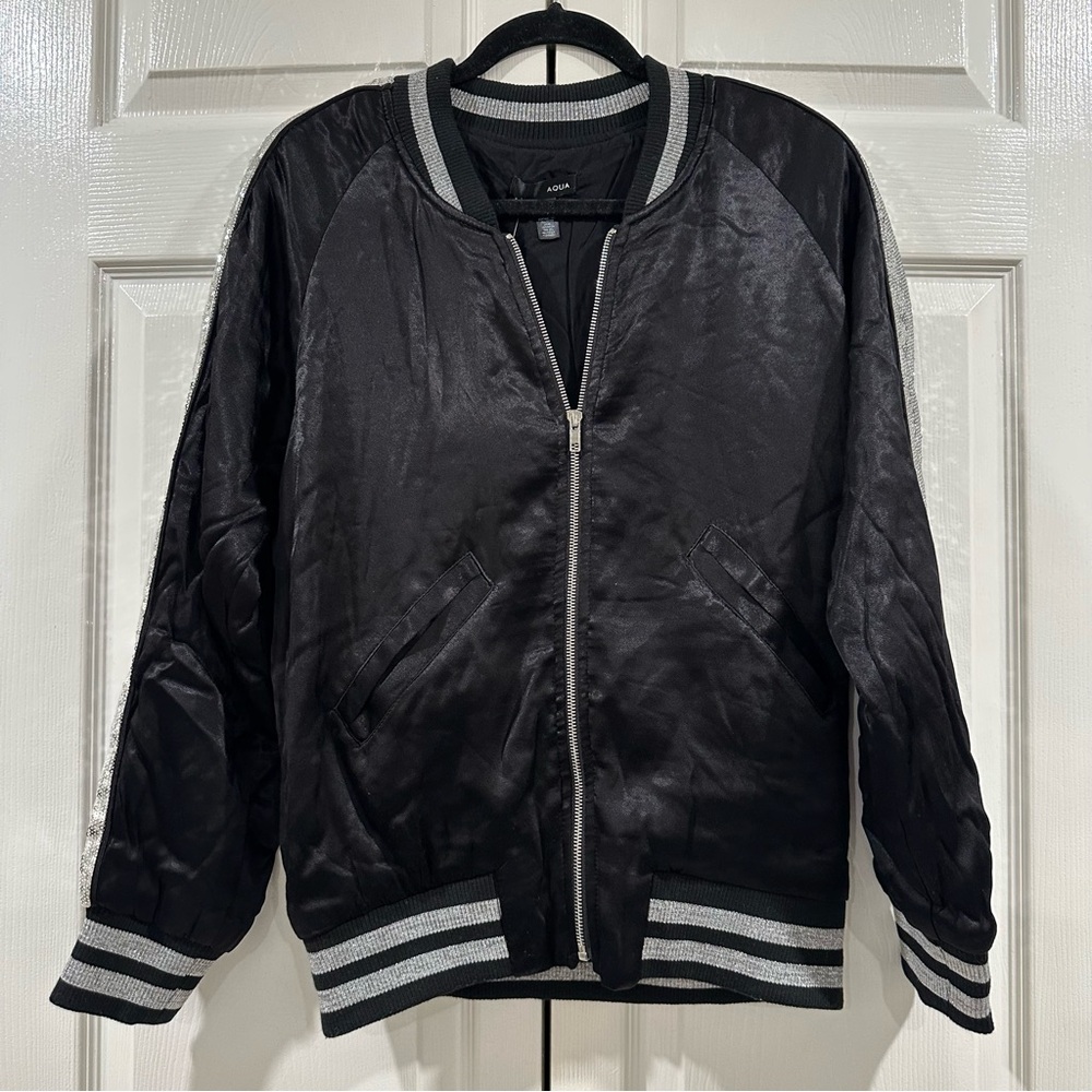 AQUA Black Satin Sequin Sleeve Bomber Jacket Size M NWT $98